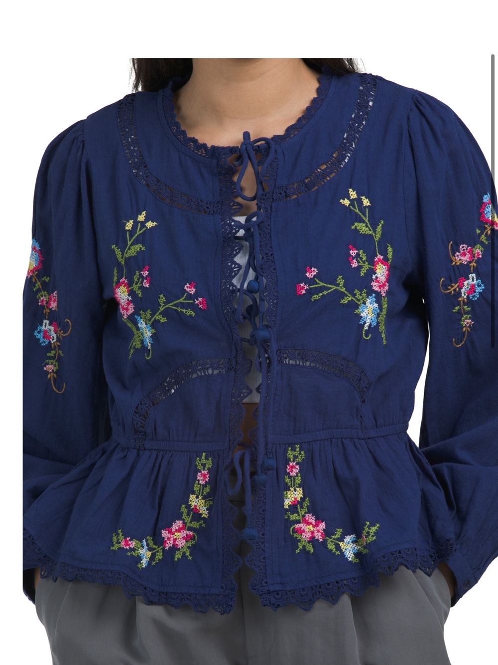 Navy Embroidered Tie-Front Peplum Blouse